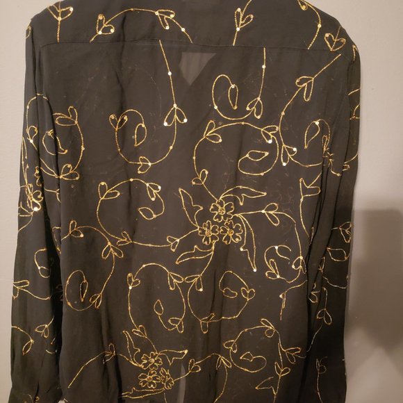 VINTAGE 1980S SAKS 5TH AVE THE WORKS 100% SILK BLACK GOLD EMBROIDERED SHIRT - Picture 3 of 3